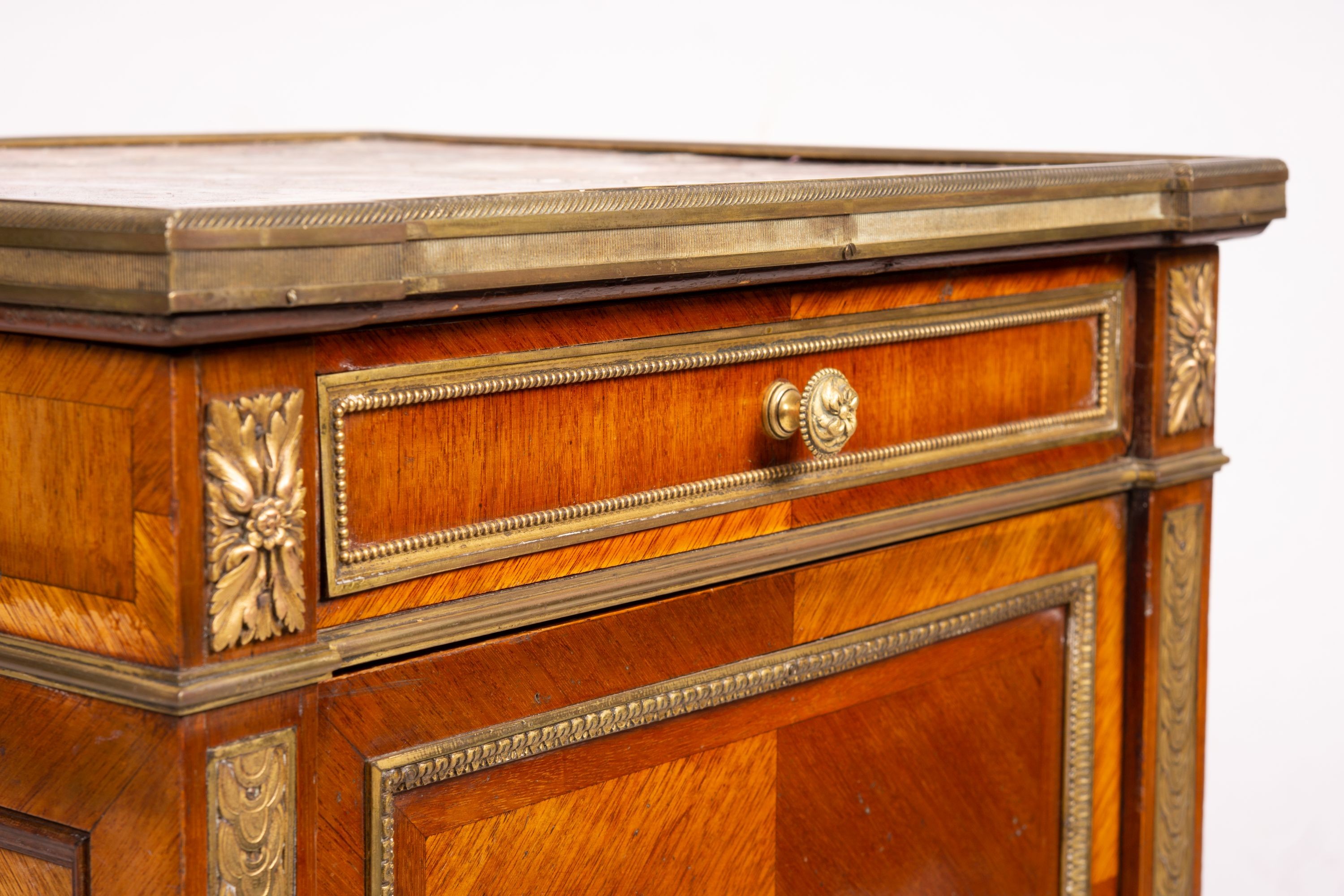 An early 20th century French marble top mahogany bedside cabinet, width 42cm, depth 38cm, height 75cm